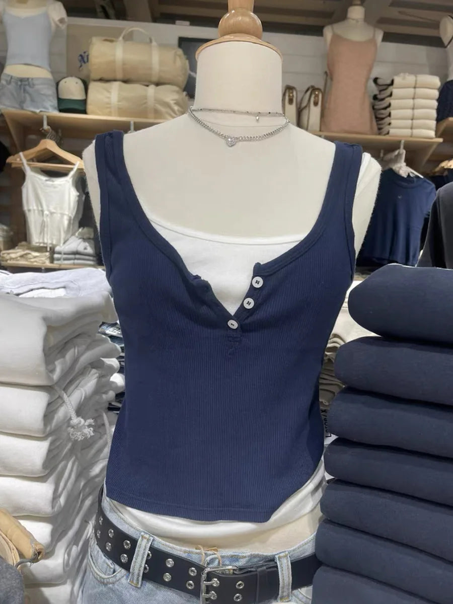 Ribbed Slim Tank Tops Woman Summer Solid Simple Cotton Three Buttons Sleeveless Top Female Casual Vintage Streetwear Y2k Vest