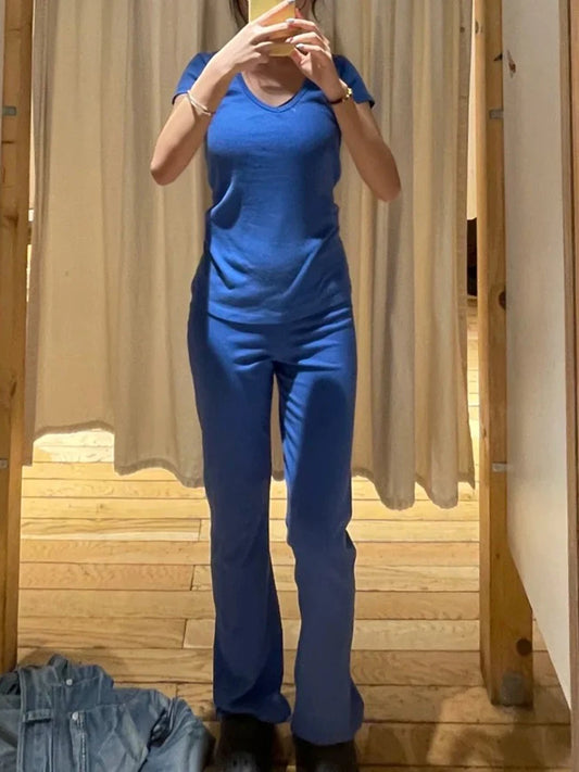 Electric Blue Basic T-shirt Pant Sets Women Casual O-neck Short Sleeve Tee+Straight Sweatpant Cute Preppy Style 2 Piece Set Y2K