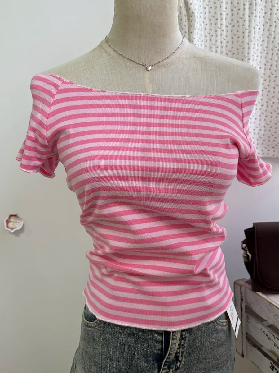 Electric Blue Slash Neck Crop Tops Women Simple All-match Cotton Slim Raw Hem T-shirts Vintage Preppy Style Cropped Tees New