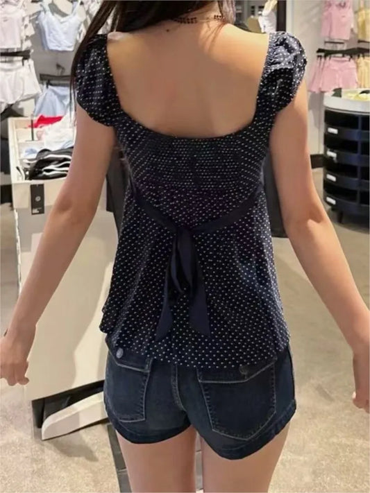 Polka Dot Navy Lace-up T-shirts Women Summer New Casual Slim Square Collar Tee Tops Female Vintage Preppy Style Chic T-shirt Y2K