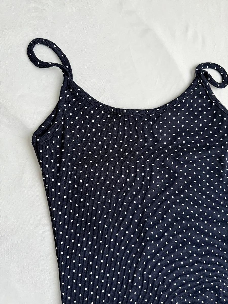Vintage Navy Dot Ribbed Shorts Sets Women Casual Sleeveless Crop Tank Top+Shorts Sweet Cute Home Cozy Slim Two-piece Set