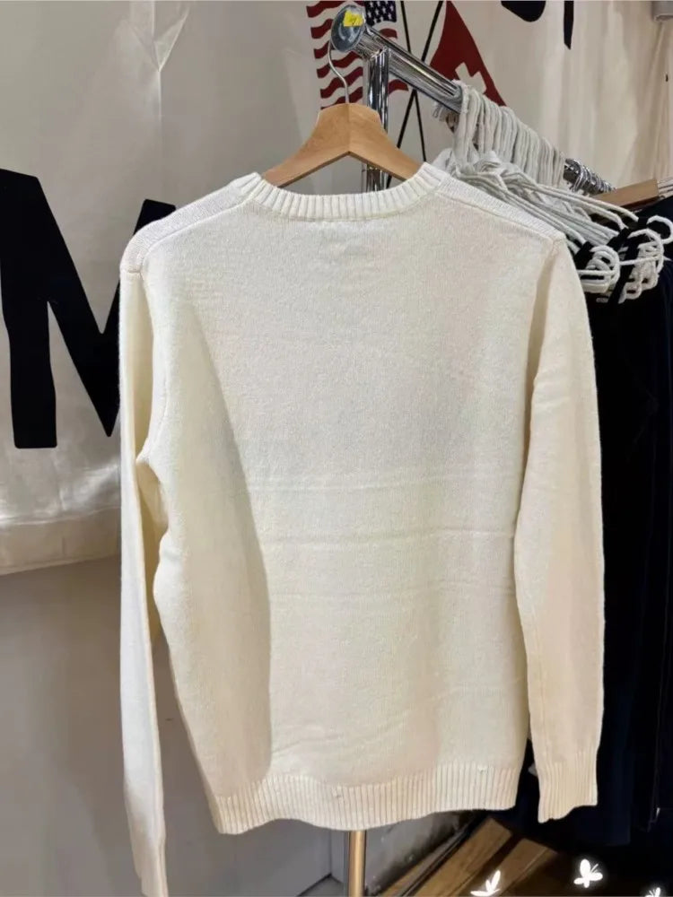 Fashion Letter Jacquard Sweaters Women Autumn O-neck Long Sleeve Cotton Jumper Simple Preppy Style Cute Pullover Sweater Tops