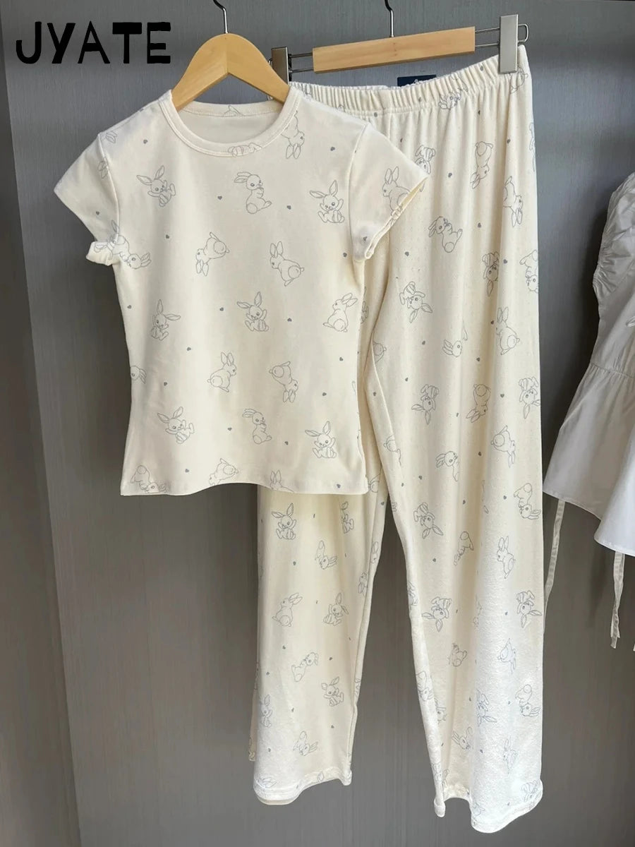 Rabbit Print Eyelet 2 Pieces Set Women Casual Cotton Soft Pajama Camisole+Long Pants Cozy Cute Sweet Tank Tops Trousers Sets Y2K
