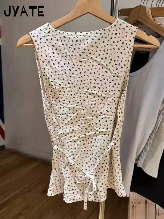 Sexy Floral Print V-neck Back Lace-up Tank Tops Women New Casual Slim Sweet Sleeveless Vests Preppy Style Vintage Crop Top Y2K