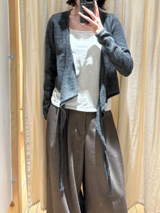 Lace-up Knitted Mohair Sweater Cardigan Women Autumn V-neck Long Sleeve Cute Sweaters Preppy Style Knitwear Crop Tops