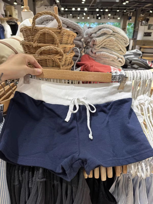 Navy Patchwork Drawstring Shorts Woman Summer Low Waist Cotton Straight Pant Casual American Vintage Sport Short Pants Y2K