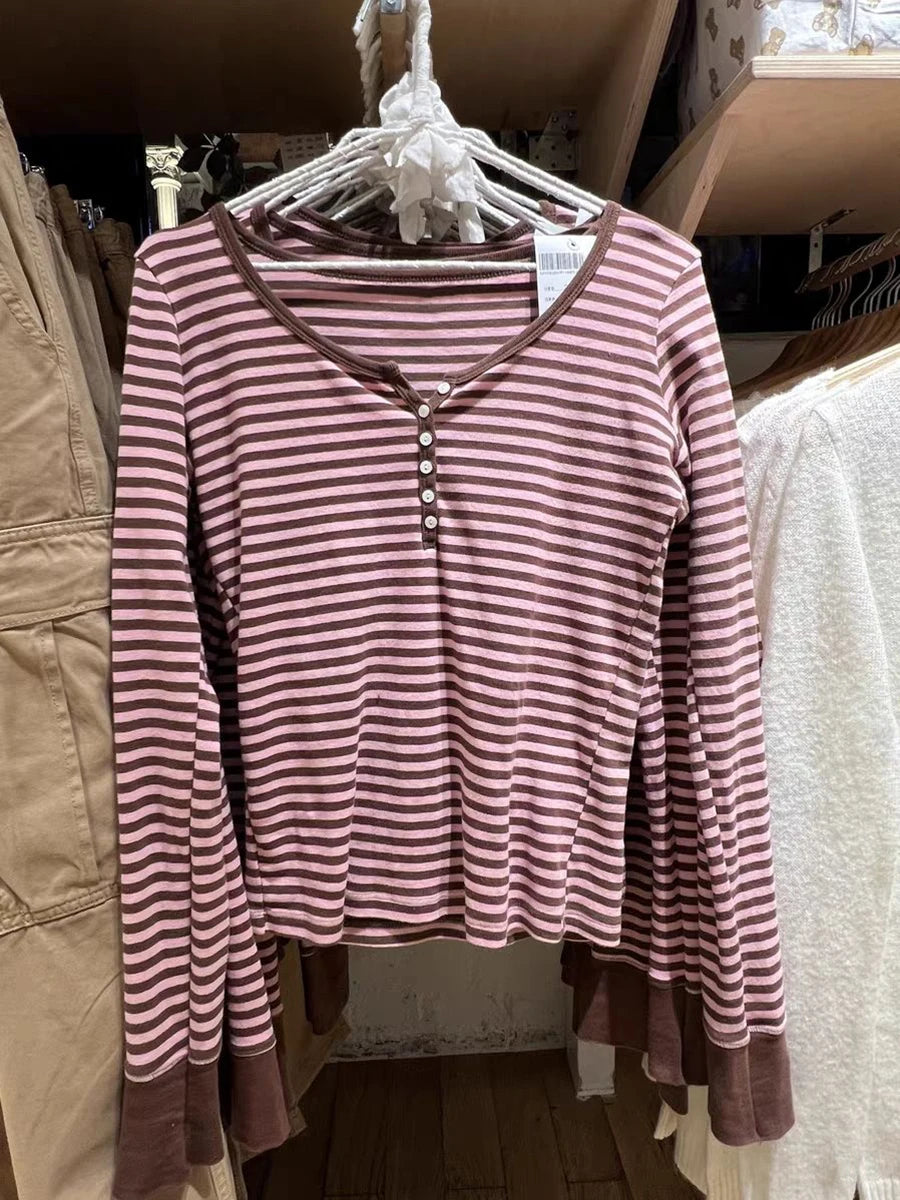 New Buttons Ribbed Slim Long Sleeve T-shirts Women Autumn O-Neck Cotton Tshirts Tops Female Simple Basic Tees Shirt Y2K Clothes