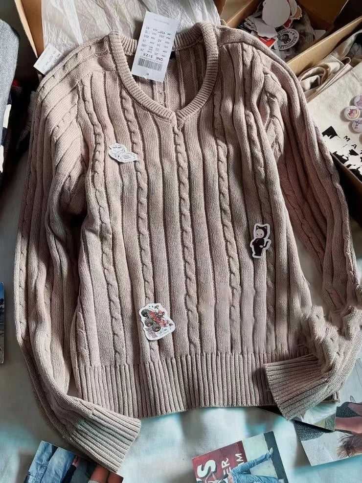 Women V-neck Knitted Sweater Casual Autumn Winter Cotton Warm Loose Twisted Flower Pullover Tops Harajuku Solid Vintage Jumper