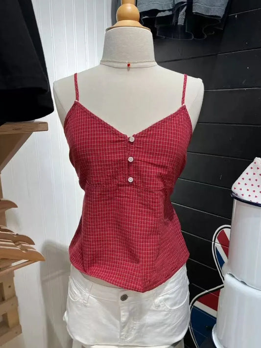 Vintage Red Plaid Buttons V-neck Camis Women Summer Casual Lace Trim Slim Simple Sleeveless Vests Sweet Preppy Style Tank Tops