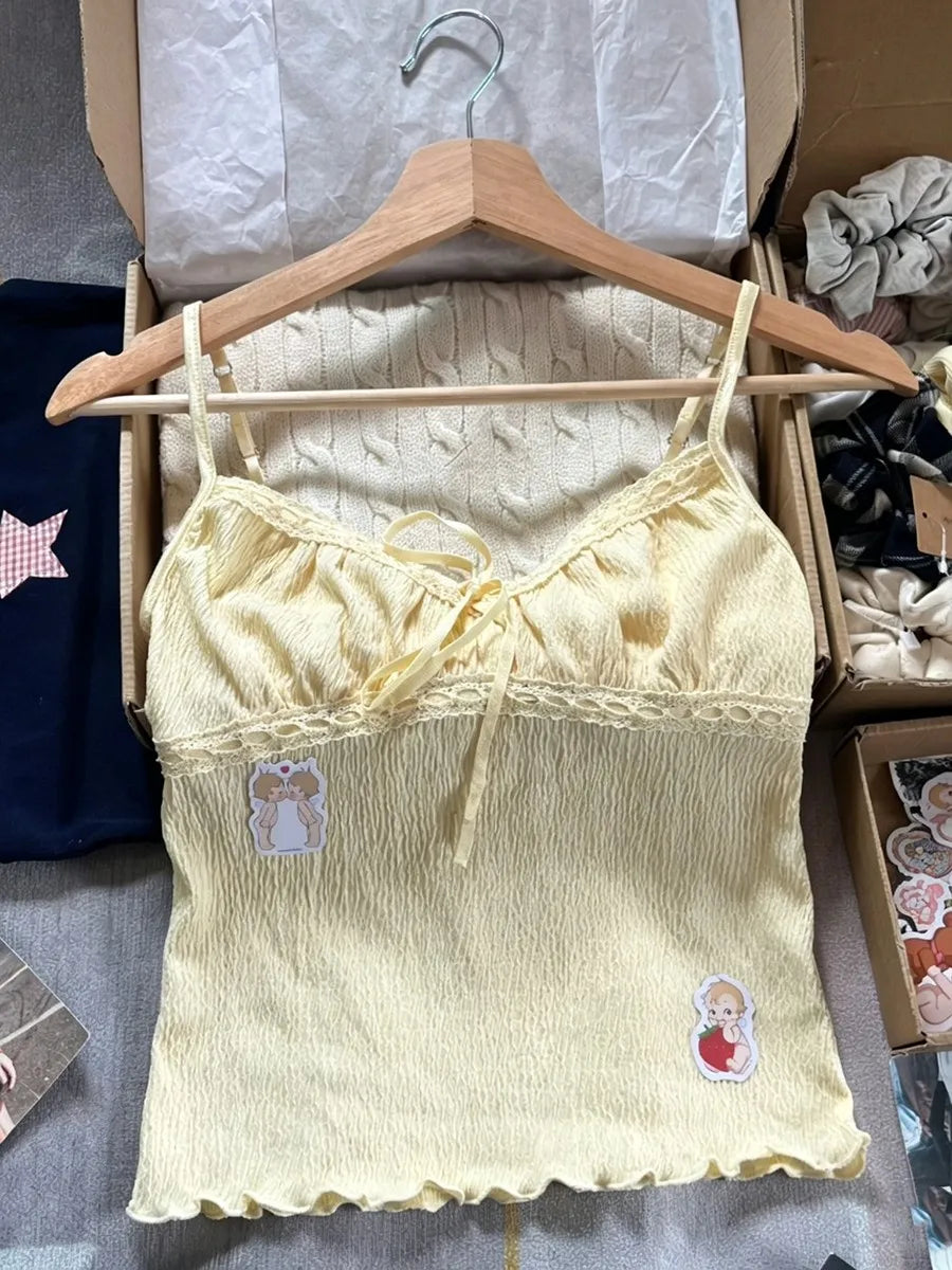 Solid Lace-up V-neck Tank Tops Women Summer Casual Lace Trim Cotton Slim Sleeveless Vests Cute Sweet Preppy Style Camisole Y2K