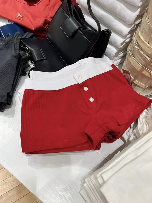 Red Buttons Patchwork Home Shorts Women Casual Cotton Slim Elastic Waist Straight Sweatshort Vintage Chic Sweet Short Pants Y2K