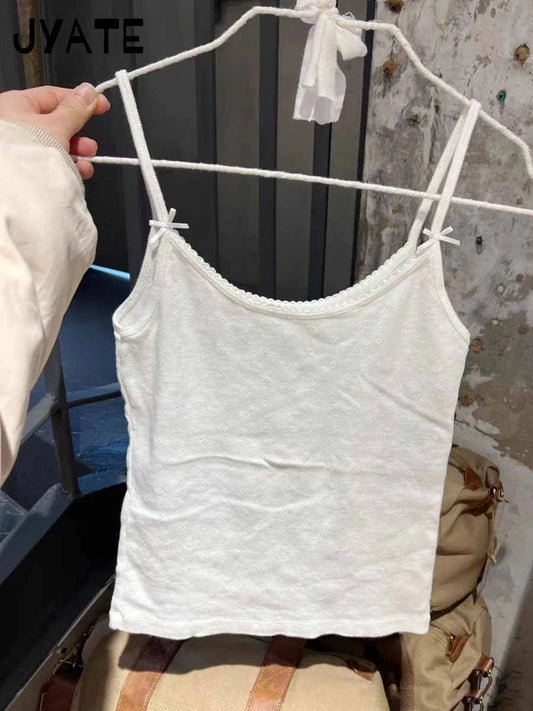Sweet White Bow Sleeveless Vest Women Summer Cotton Slim Sexy Simple Heart Hollow Out Tank Tops Sweet Vintage Cute Camisole Y2K