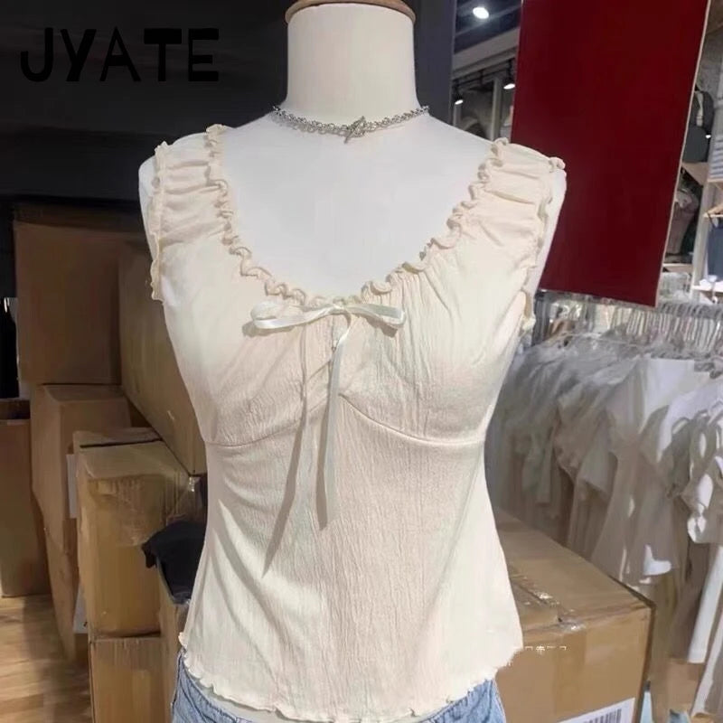 Harajuku Folds Ruffles V-neck Solid Crop Tops Women New Casual Slim Retro Bow Sleeveless Vests Vintage Chic Sweet Tank Tops Y2K