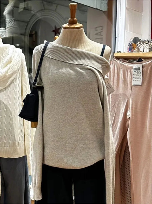 Simple Gray Slash Neck Slim Knitted Sweater Women Casual Long Sleeve Cotton Pull Sweaters Vintage Sweet Preppy Style Jumpers Y2K