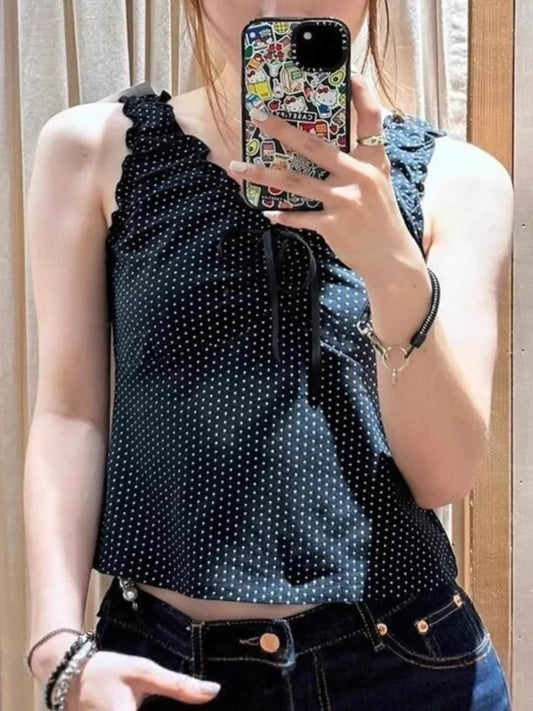 Black Folds Polka Dot Harajuku Tank Top Woman Summer New Sweet Bow V-neck Cotton Slim Camisole Vintage Simple Crop Top Vest Y2K