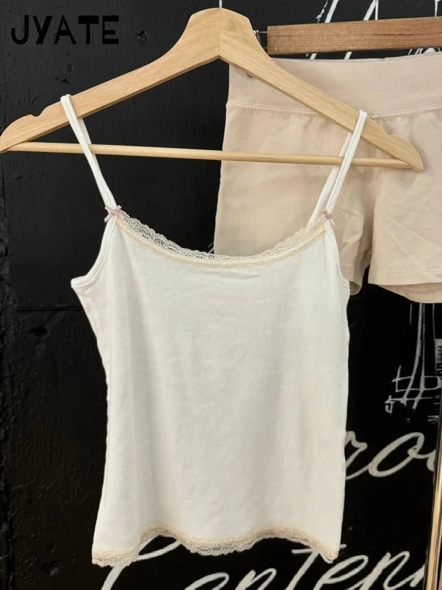 Harajuku Black Patchwork Lace Trim Camisole Women New Cotton Casual Slim Bow Sleeveless Vests Vintage Chic Preppy Style Tank Top