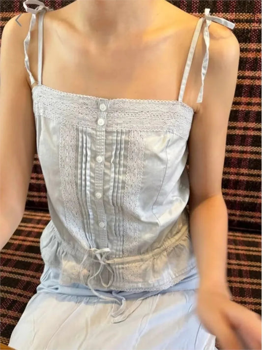 Blue Hollow Out Strappy Tank Tops Women Summer New Cotton Slim Ruffles Buttons Cropped Vests Y2K Sweet Cute Streetwear Camisole