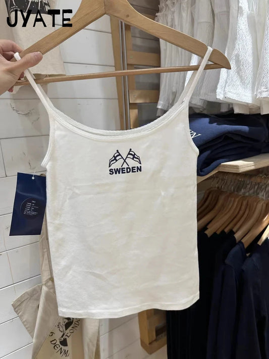 Simple Flag Letter Print Slim Tank Tops Women New Cotton Soft Casual Streetwear Lace Trim Crop Top Vintage Sweet Chic Camis Y2K