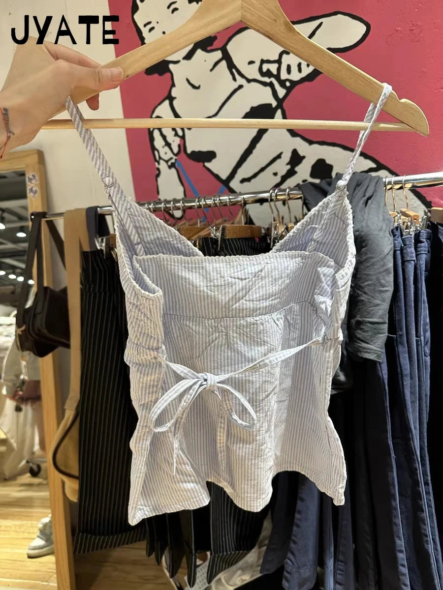 Fashion Blue Striped V-neck Bow Tank Tops Women New Cotton Casual Lace Trim Sexy Sleeveless Vests Sweet Preppy Style Camis Y2K