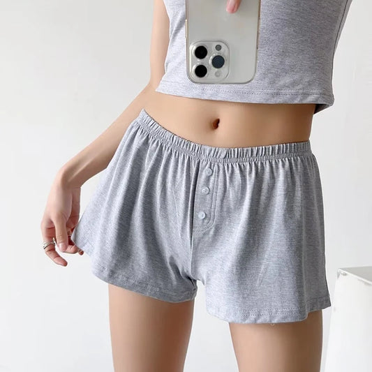 Simple Solid Buttons Shorts Pants Women Summer Cotton Soft Casual Elastic Waist Homewear Female Basic Vintage Chic Sport Short