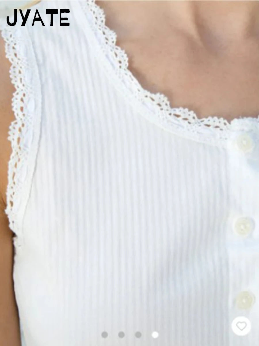 Sexy Slim Lace Trim Buttons Tank Tops Women Summer O-neck Casual Streetwear Chic Sleeveless Camis Sweet Cute Simple Vests Y2K