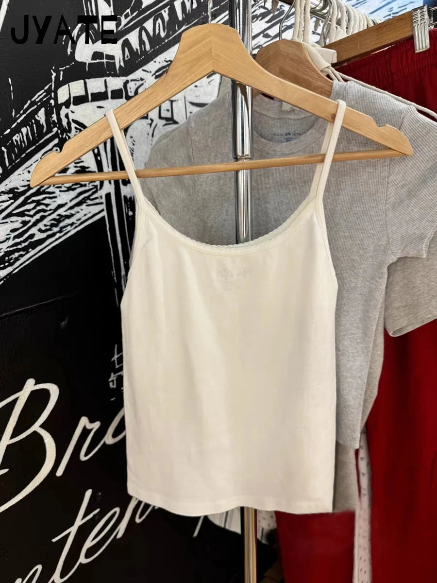 Simple Flag Letter Print Slim Tank Tops Women New Cotton Soft Casual Streetwear Lace Trim Crop Top Vintage Sweet Chic Camis Y2K