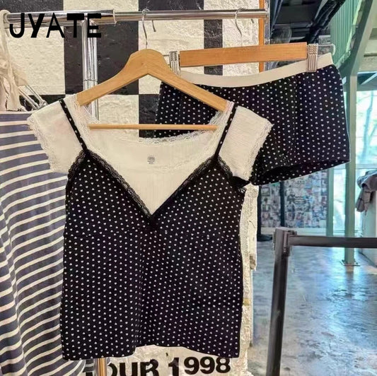 Heart Print Vest Shorts 2 Pieces Set Women New Lace V-neck Slim Tank Tops Elastic Waist Short Pants Sweet Home Pajama Sets Y2K