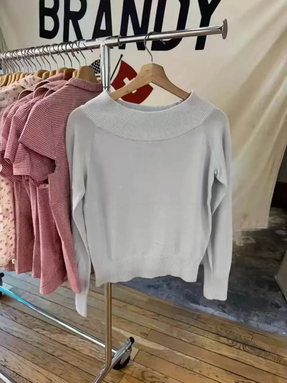 Simple Gray Blue Slash Neck Slim Knitted Sweater Women Casual Long Sleeve Cotton Pull Sweaters Sweet Preppy Style Jumpers Y2K