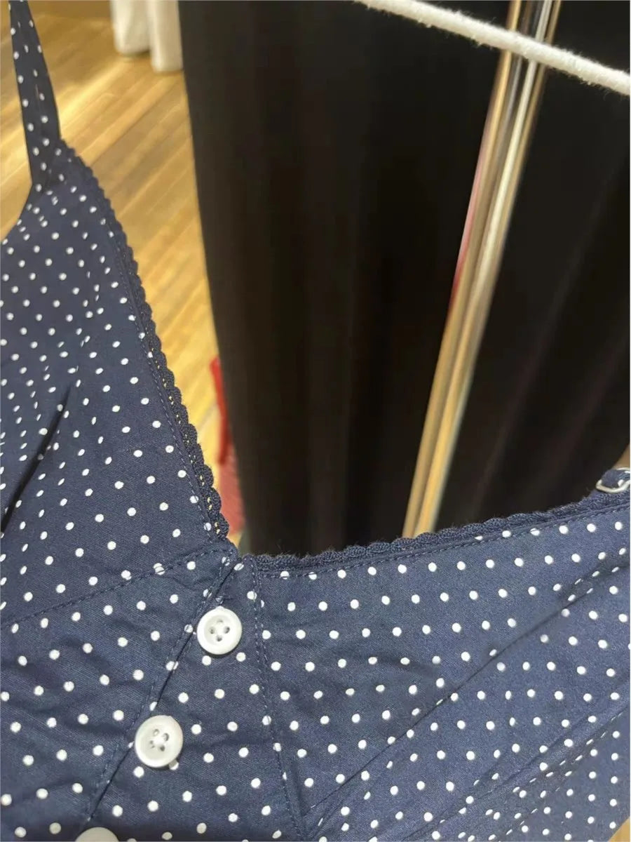 Vintage Navy Polka Dot Slim Crop Top Women Summer Cotton Single Breasted V-neck Cropped Camisole Streetwear Sweet Tank Tops New