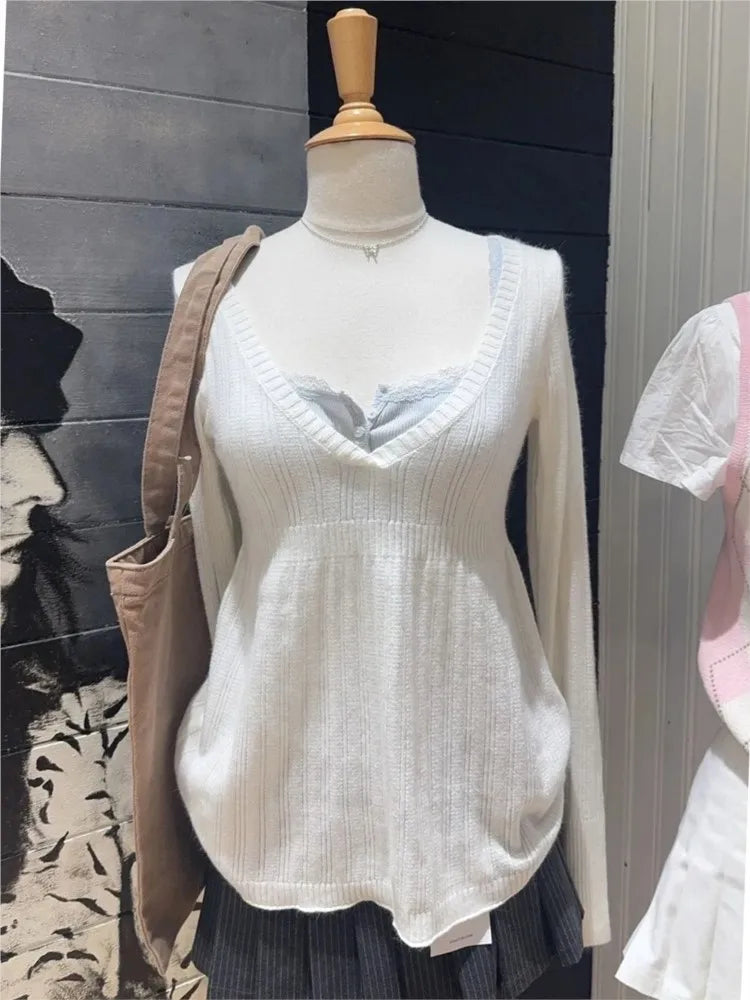 Cute White Knitted Long Sleeve Tees Women Autumn Fashion Cotton Soft Slim V-neck T-shirt Sweet Preppy Style T Shirt Y2K Top New