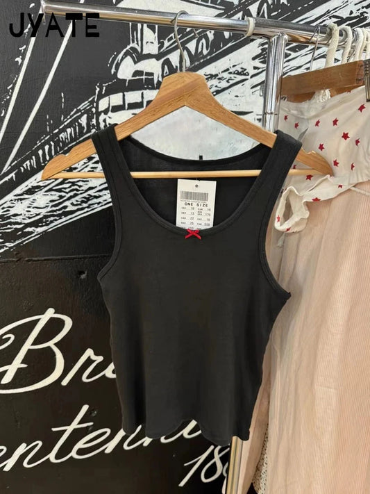 Simple Black U Collar Sleeveless Vest Women New Cute Red Bow Preppy Style Basic Camisole Femme Vintage Chic Casual Tank Tops Y2K