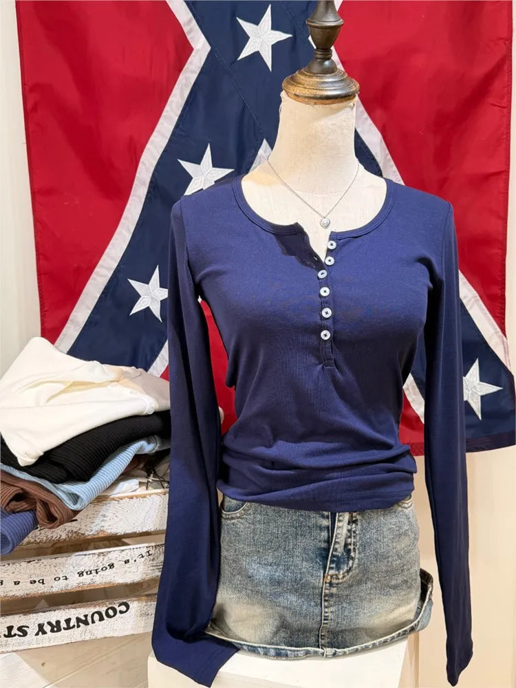 Navy Cotton Slim T-shirts Women Autumn New Cute Casual Six Button All-match Long Sleeve Tees Vintage Basic Simple Tshirt Y2K Top