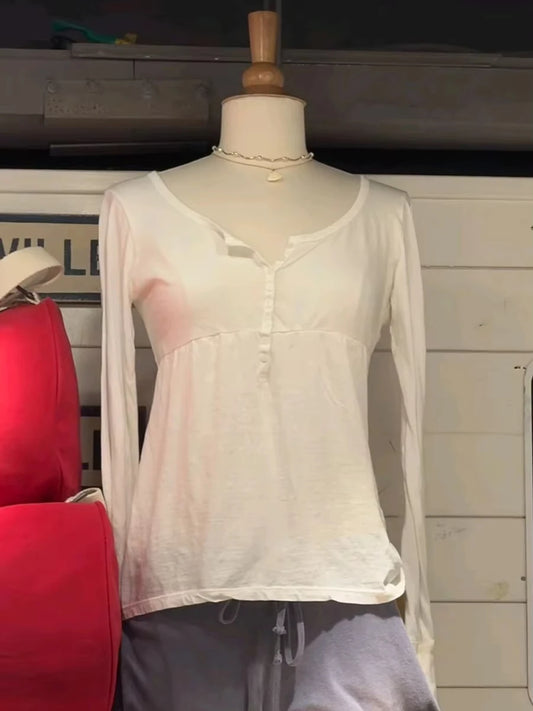 Buttons Burgundy Long Sleeve T-shirts Woman Spring O-neck A-line Cotton Tee Tops Female Casual Simple All-match Tshirt