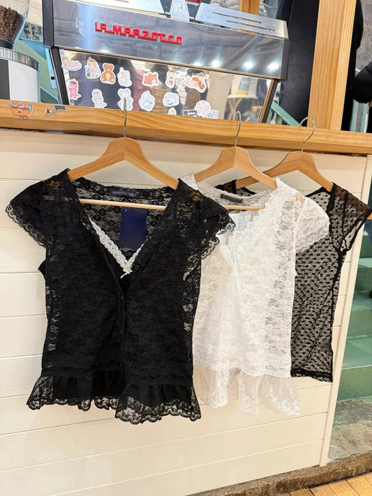 Sweet Jacquard Transparent Crop Tops Women Summer New Bow Lace Mesh V Neck Short Sleeve Tee Vintage Slim Cute Thin T-shirts Y2K