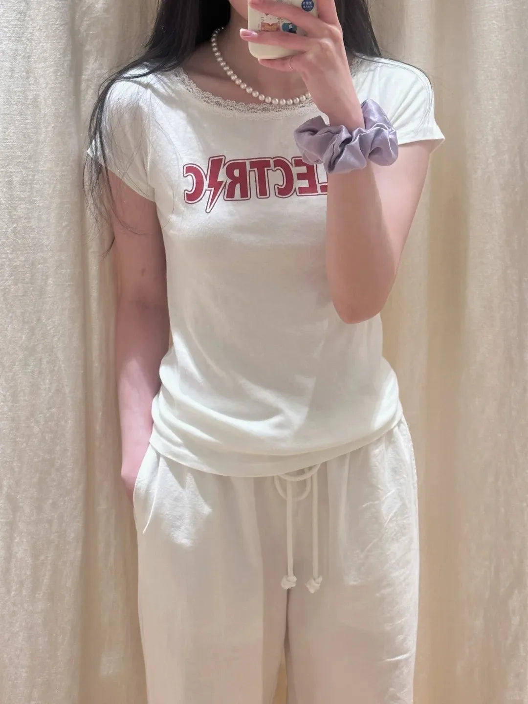 Floral Lace Trim Slim T-shirts Women Summer Sweet Scoop Neck White Cotton Short Sleeve Tee Tops Streetwear Vintage Crop Top Y2K