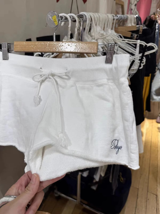 White Letter Embroidery Sweatshorts Woman Summer Low Waist Drawstring Straight Short Pant Female Casual Sweet Sport Shorts