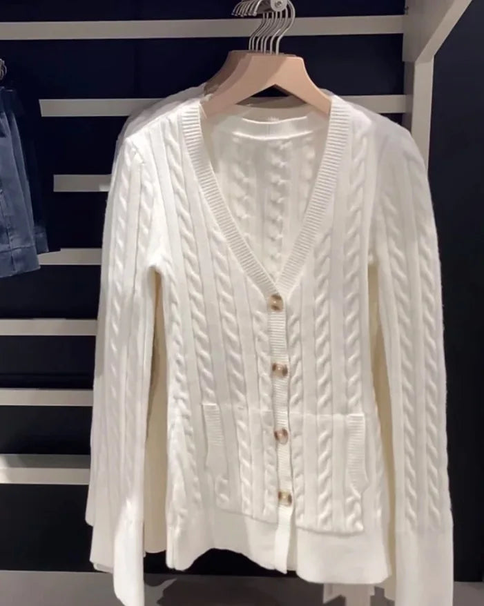Cable Knit V-neck Cardigan Women Spring Simple Basic Casual Cotton V-neck Slim Jumper Sweet Chic Long Knitted Tops