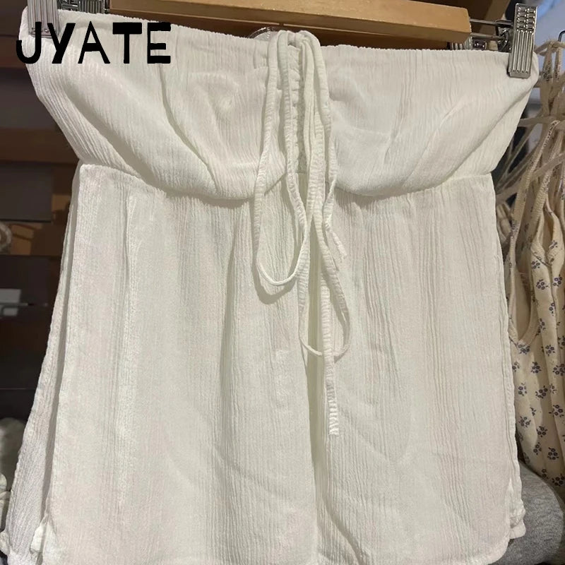 Vintage Sexy Strap Halter Neck Folds Camisole Women New Casual Side Slits Slim Sleeveless Cropped Vests Sweet Street Tank Tops