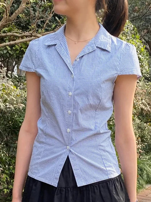 Blue Plaid Lapel Blouse Women Summer Casual Preppy Style Buttons Short Sleeve Tees Sweet Vintage Cute T-shirts Y2K Tops New
