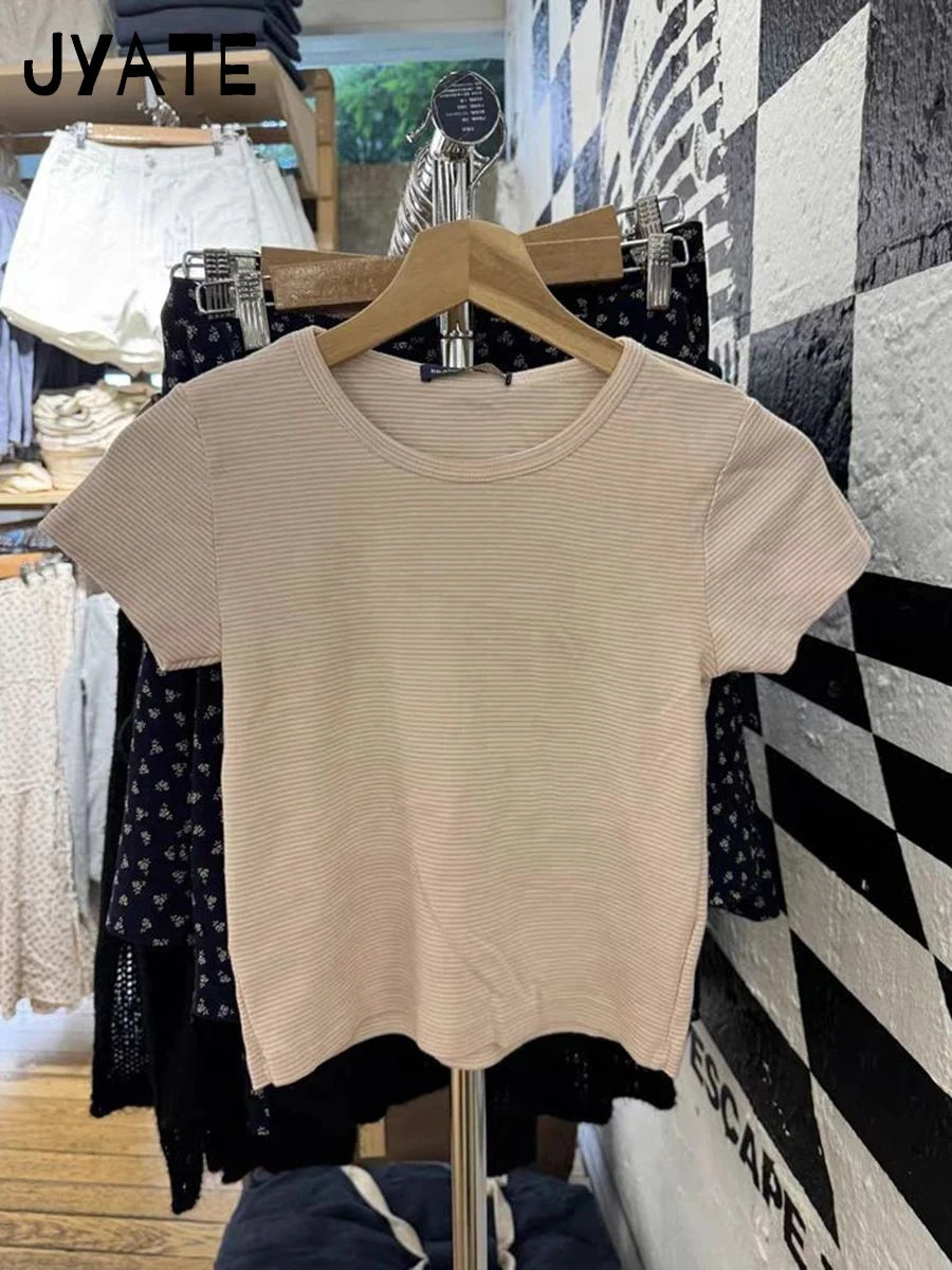 Sweet Pink Striped O-neck Cropped Tee Women Summer Cotton Soft New Casual Short Sleeve Tops Cute Vintage Streetwear T-shirts Y2K