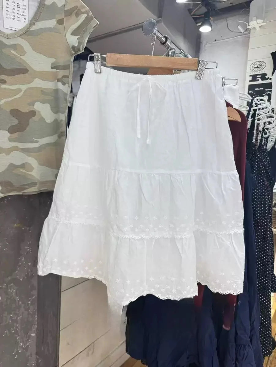 White Floral Embroidery Maxi Skirts Women New Cotton Lace Trim Drawstring High Waist Ruffles Long Skirt Vintage Sweet Faldas Y2K