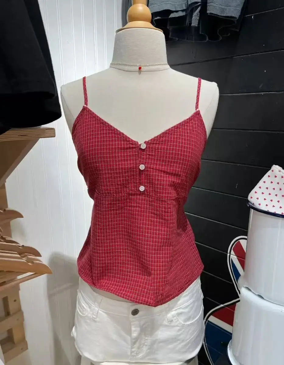 Vintage Red Plaid Buttons V-neck Camis Women Summer Casual Lace Trim Slim Simple Sleeveless Vests Sweet Preppy Style Tank Tops
