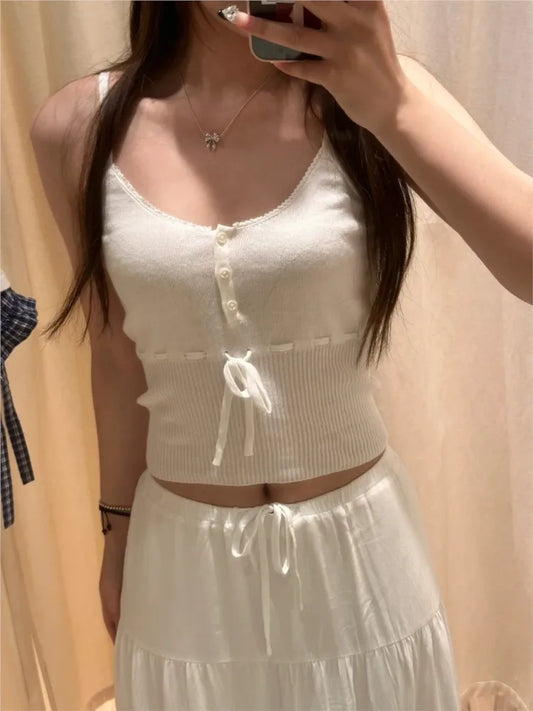White Lace Trim Drawstring Knitted Tank Tops Women New Slim Cotton Buttons High Waist V-neck Camis Simple Sweet Cute Vests Y2K