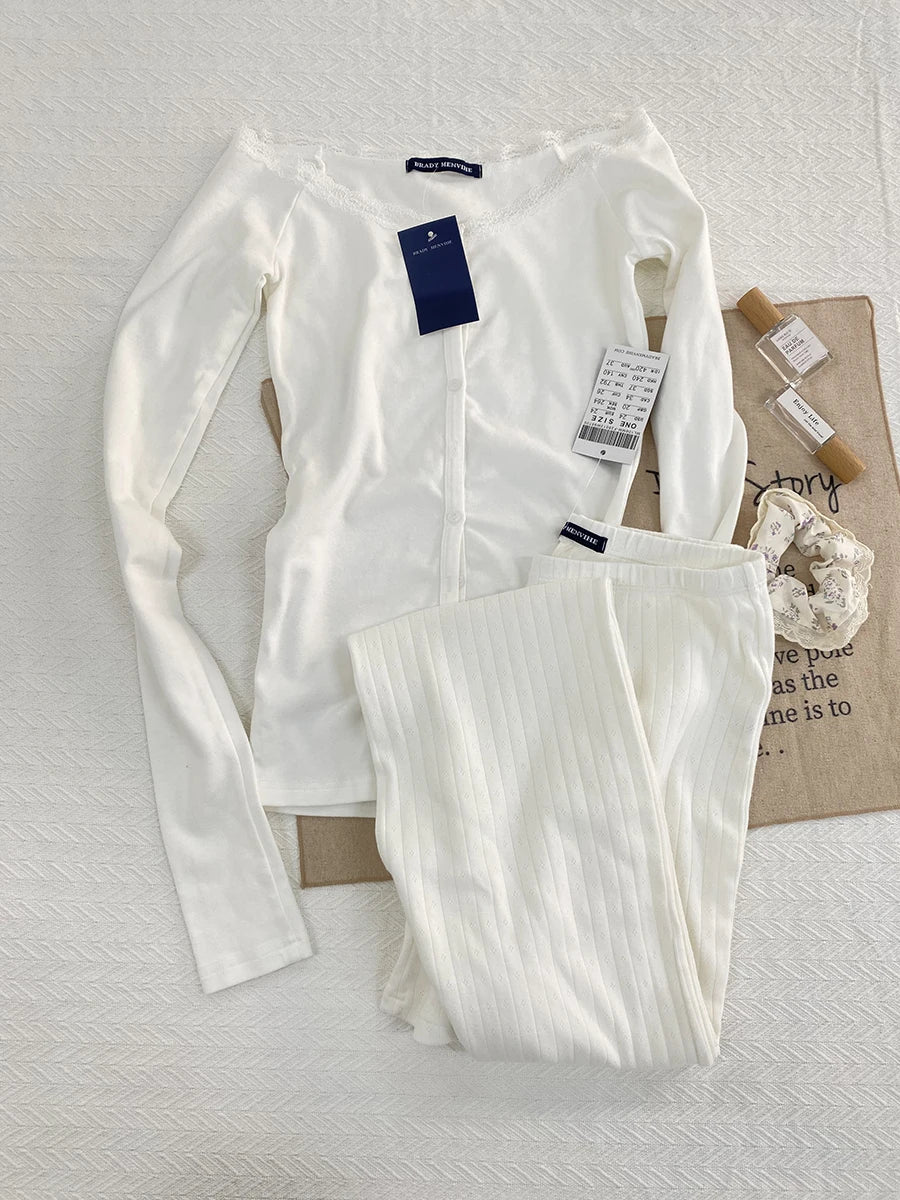 White Eyelet 2 Piece Sets Women Buttons Cotton Long Sleeve Tee+Elastic Waist Straight Trousers Home T-shirt Pant Pajama Set Y2K
