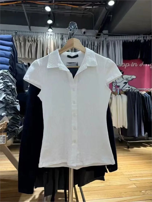 White Buttons Short Sleeve Tees Women Summer Cotton Casual Turn Down Collar Preppy Style Tops Sweet Vintage Chic Cute T-shirts