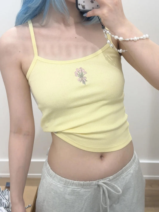 Flower Print Yellow Ribbed Camisole Women Summer New Cotton Casual Slim Sleeveless Vests Cute Sweet Preppy Style Tank Tops Y2K