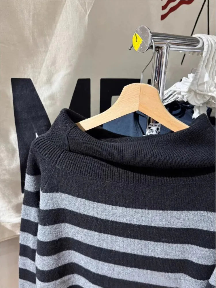 Slash Neck Striped Sweaters for Woman Spring Black Grey Long Sleeve Knitted Pullover Top Casual Vintage Preppy Style Jumper