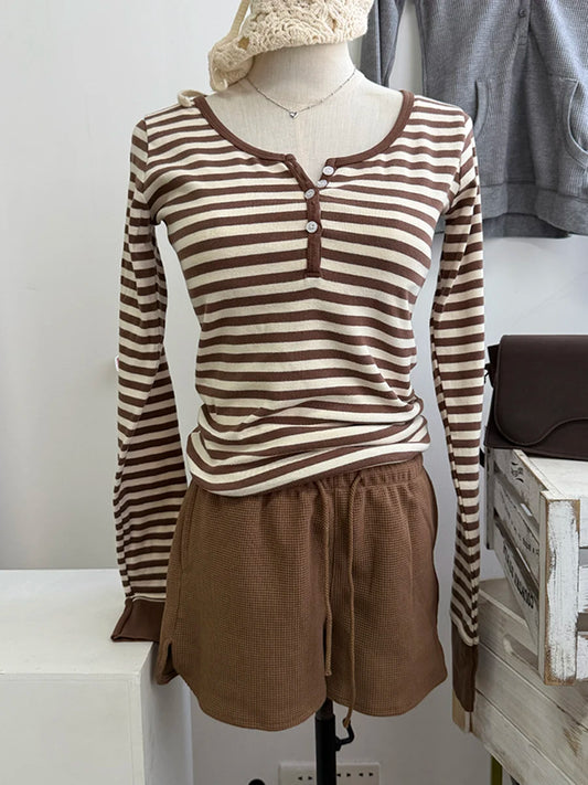 Brown Chic 2 Piece Sets Women Cute Cotton Slim Striped Long Sleeve Tee+Waffle Shorts Pant Female Sweet Cute Two Piece Sets Y2K