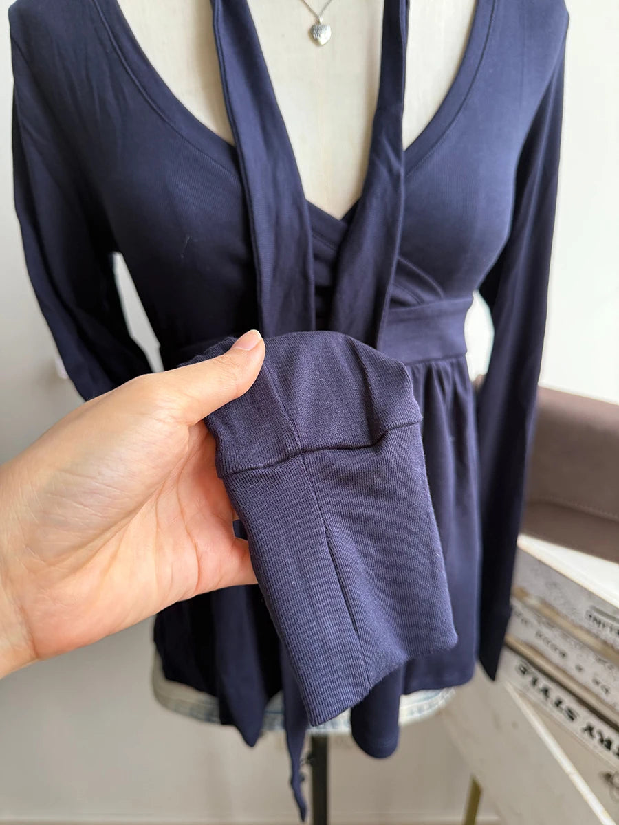 Navy V-neck Sexy Long Sleeve Tees Women Autumn New Streetwear Casual Lace-up Slim T-shirts Vintage Chic Sweet Babydoll Tops Y2K