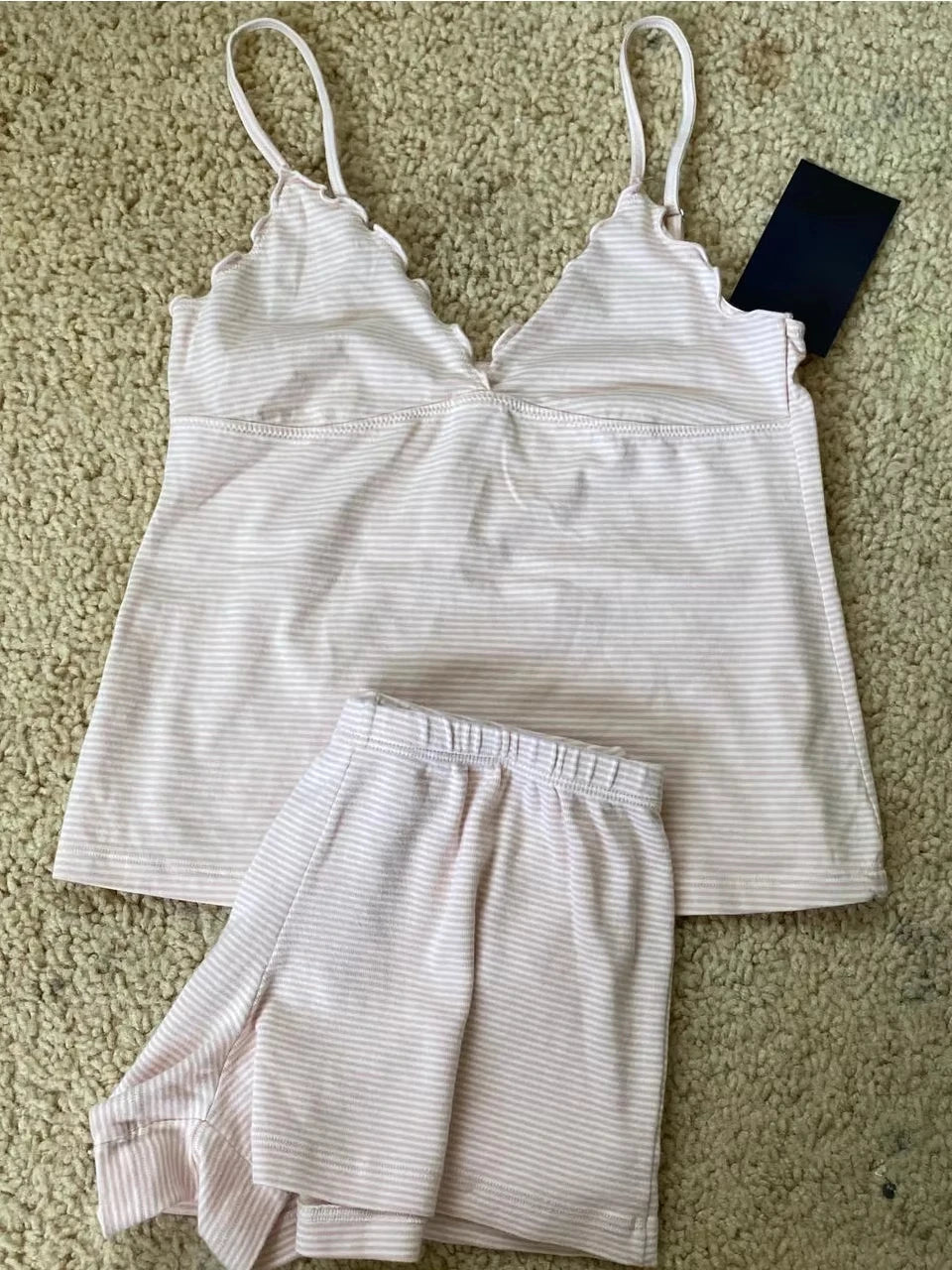Pink Striped Fungus Tank Shorts Pajama Sets Women New V-neck Slim Camisole+eyelet Sweatshorts Sweet Cotton Home 2 Piece Outfit
